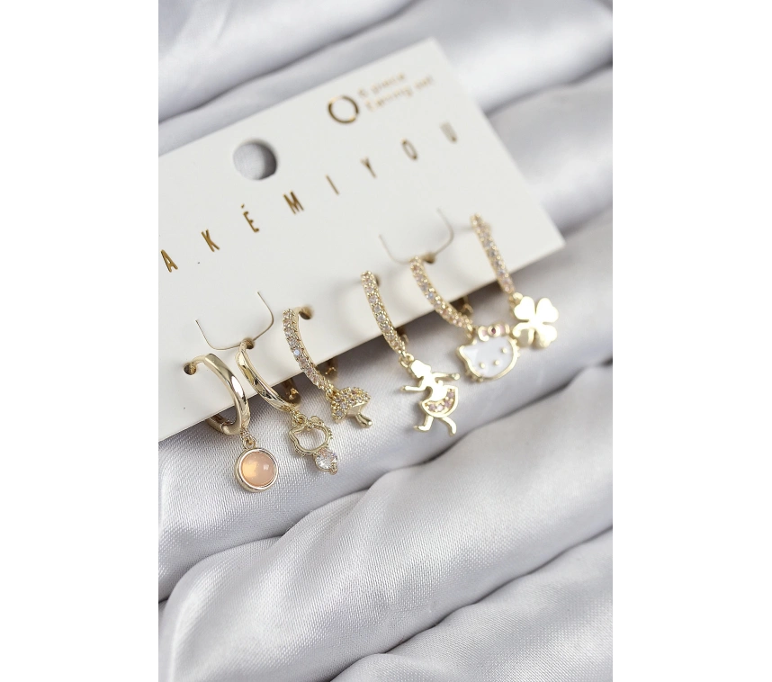 Pirinç Zirkon Taşlı Hello Kity Ve Yonca Model Gold Renk 6lı Küpe Set