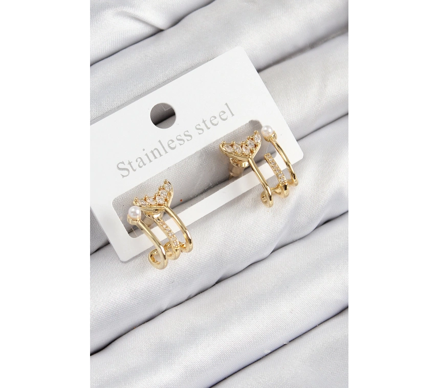 Pirinç Zirkon Taşlı İnci Detaylı Balık Kuyruğu Model Gold Renk Kadın Küpe