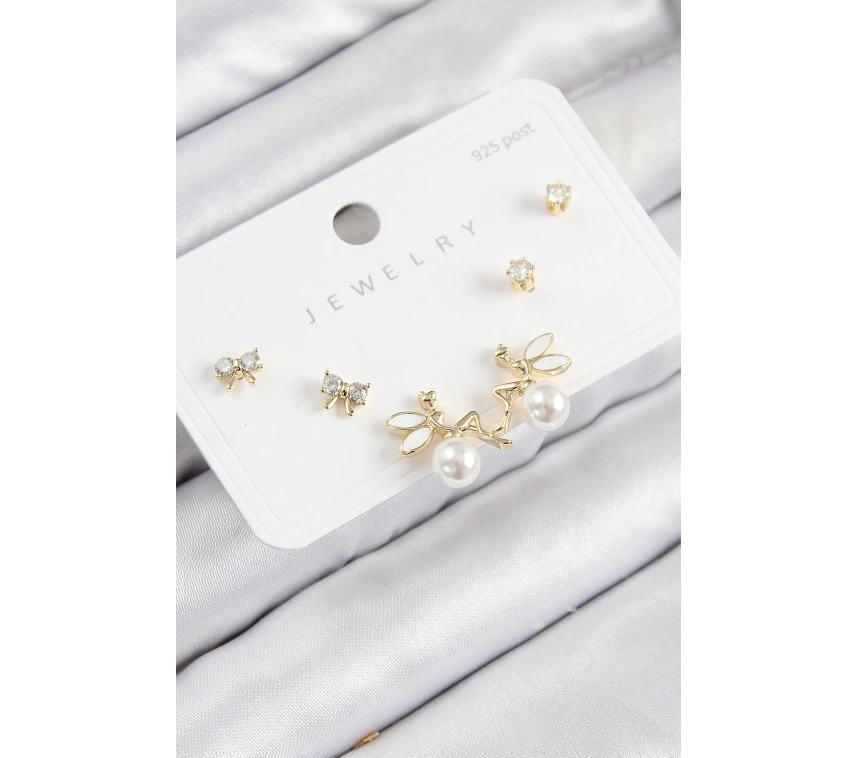 Pirinç Zirkon Taşlı İnci Melek Model Gold Renk 925 Ayar Gümüş Çivi Kadın Küpe Set