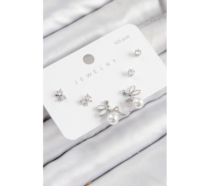 Pirinç Zirkon Taşlı İnci Melek Model Gümüş Renk 925 Ayar Gümüş Çivi Kadın Küpe Set