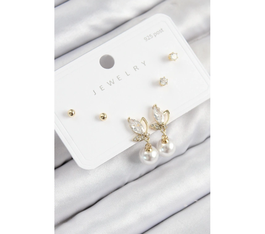 Pirinç Zirkon Taşlı İnci Sallantılı Damla Model Gold Renk 925 Ayar Gümüş Çivi Kadın Küpe Set