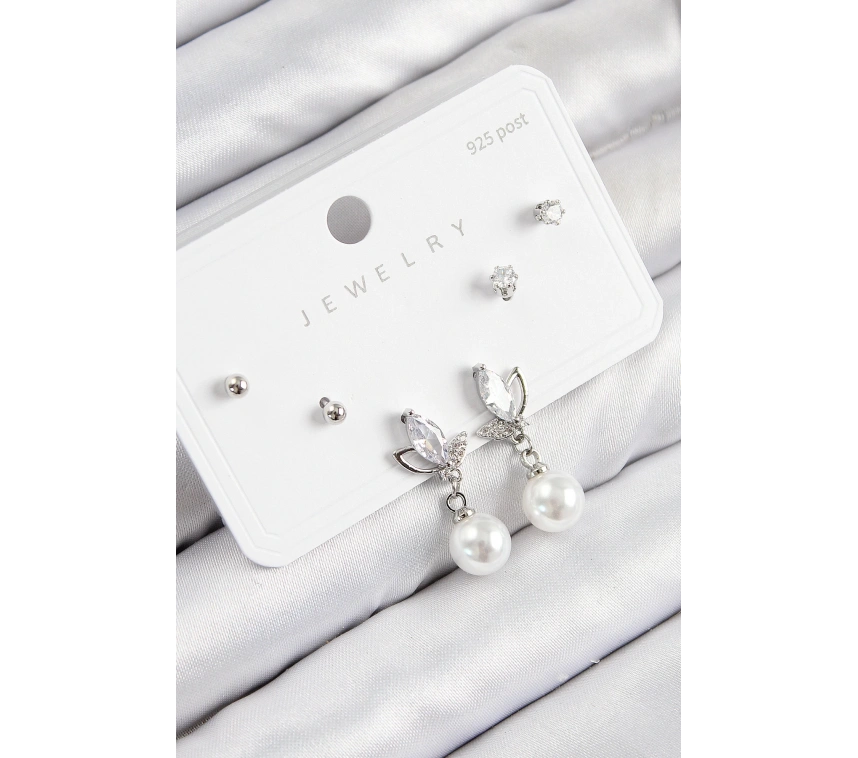 Pirinç Zirkon Taşlı İnci Sallantılı Damla Model Gümüş Renk 925 Ayar Gümüş Çivi Kadın Küpe Set