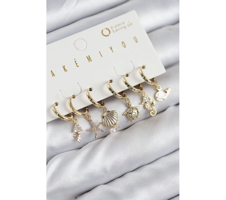 Pirinç Zirkon Taşlı İstiridye Balina Ve Yıldız Gold Renk 6lı Küpe Set