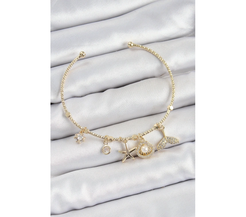 Pirinç Zirkon Taşlı İstiridye Ve Deniz Yıldızı Model Gold Renk Charm Bileklik
