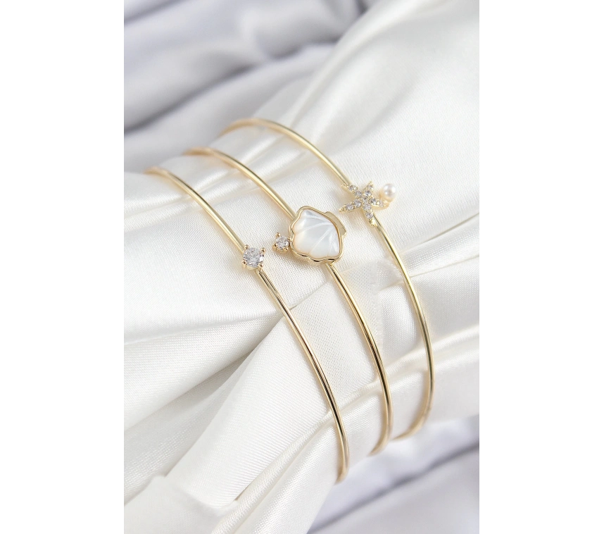 Pirinç Zirkon Taşlı İstiridye Ve Deniz Yıldızı Model Gold Renk Vip 3lü Kadın Bileklik