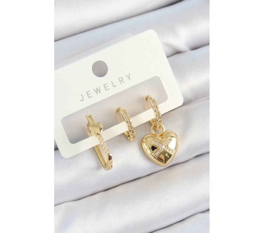 Pirinç Zirkon Taşlı Kalp Model Gold Renk 3lü Çift Kadın Küpe Set