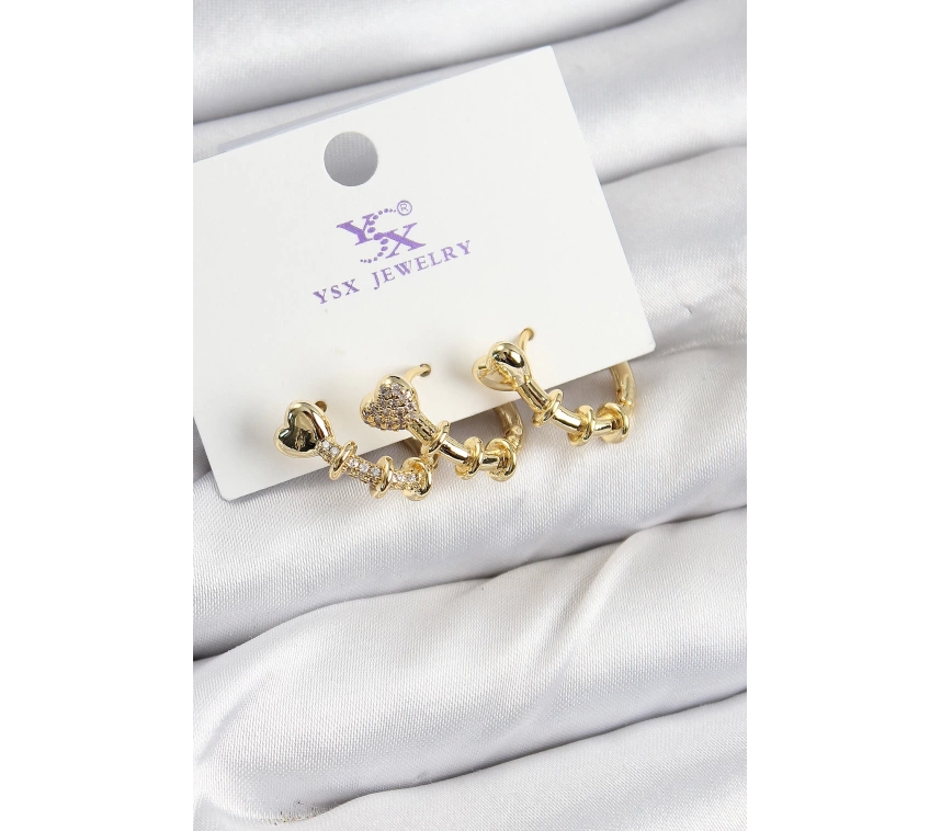 Pirinç Zİrkon Taşlı Kalp Model Gold Renk 3lü Kadın Küpe