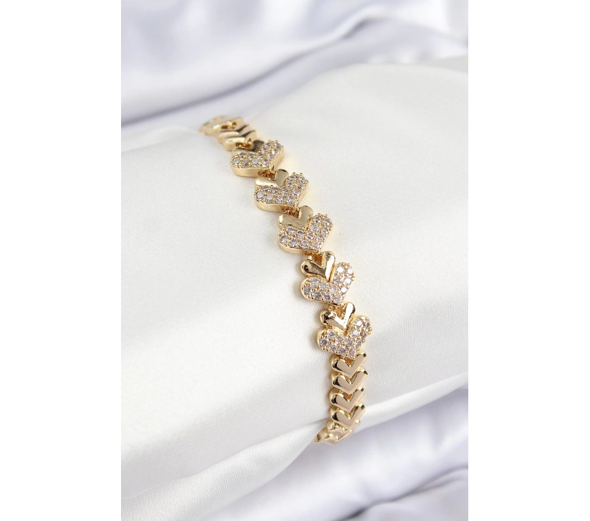 Pirinç Zirkon Taşlı Kalp Model Gold Renk Kadın Bileklik