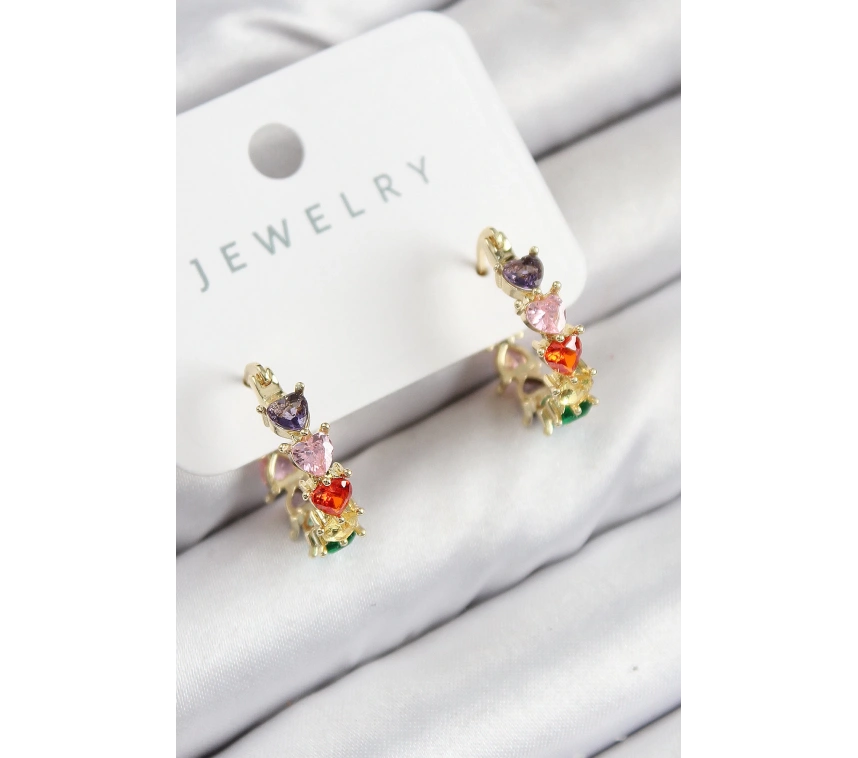 Pirinç Zirkon Taşlı Kalp Model Gold Renk Kadın Küpe