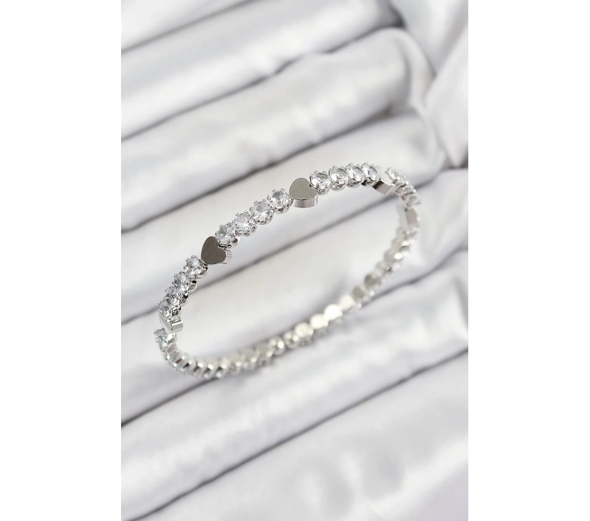 Pirinç Zirkon Taşlı Kalp Model Gümüş Renk Yaylı Kadın Bileklik