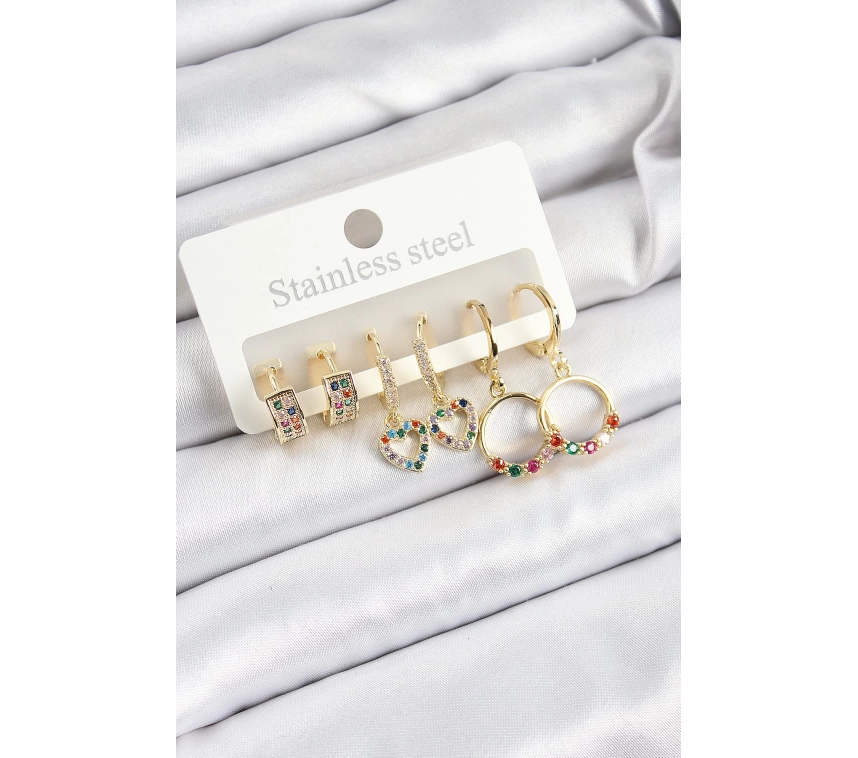 Pirinç Zirkon Taşlı Kalp Ve Halka Model Gold Renk 6lı Set Kadın Küpe