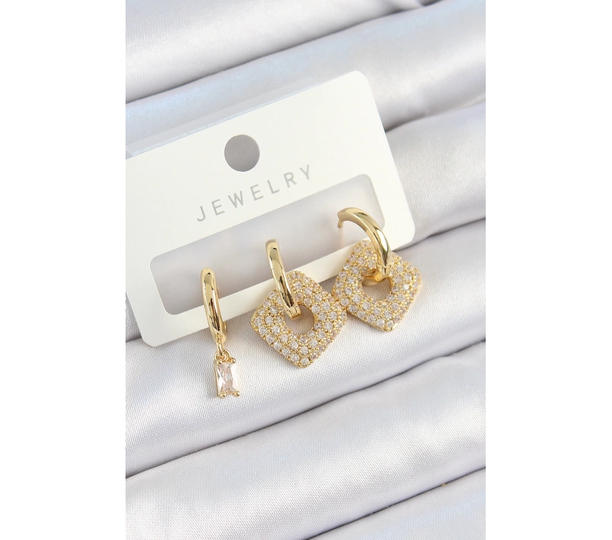 Pirinç Zirkon Taşlı Kare Model Gold Renk 3lü Çift Kadın Küpe Set