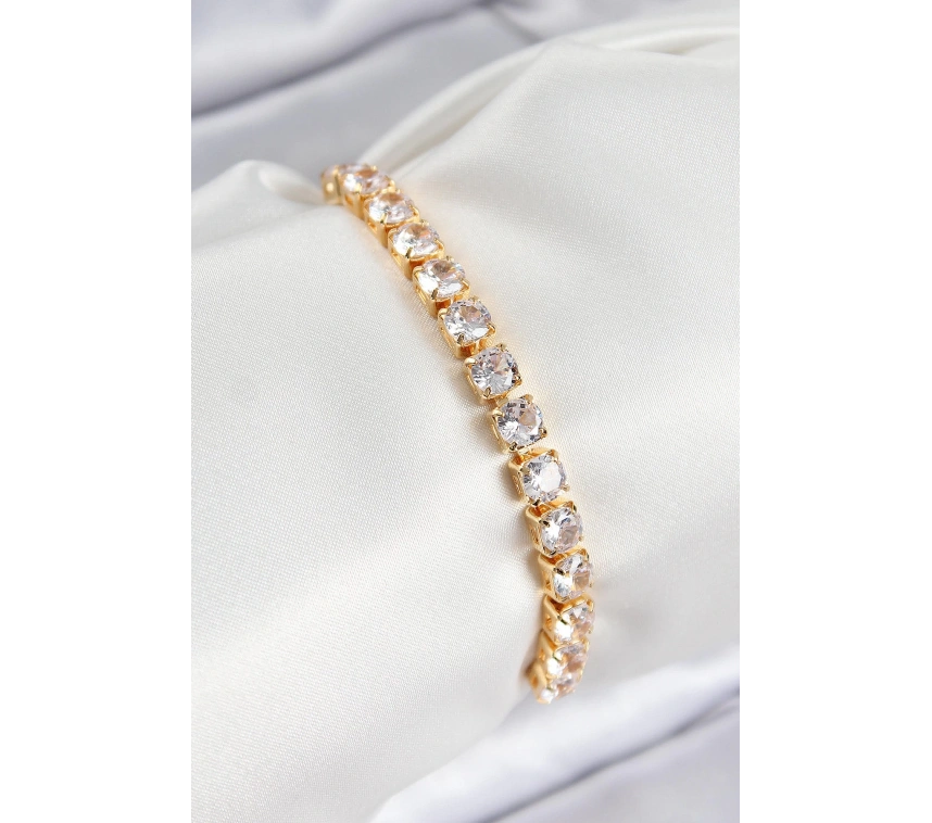 Pirinç Zirkon Taşlı Kare Model Gold Renk Asansörlü Kadın Bileklik