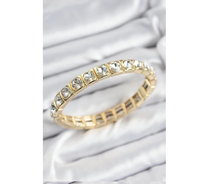 Pirinç Zirkon Taşlı Kare Model Gold Renk Lastikli Kadın Bileklik