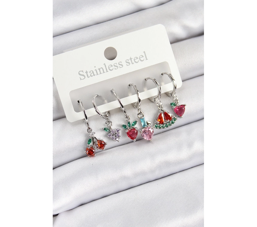 Pirinç Zirkon Taşlı Karpuz Yonca Kalp Pusula Karışık Model Gümüş Renk 6lı Set Kadın Küpe