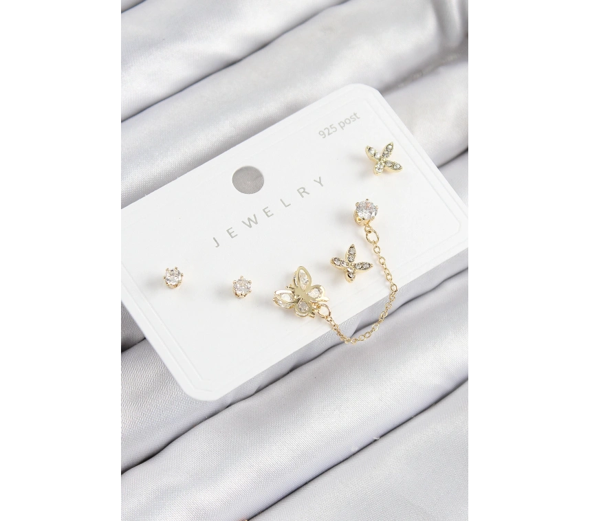 Pirinç Zirkon Taşlı Kelebek Model Gold Renk 925 Ayar Gümüş Çivi Kadın Küpe Set