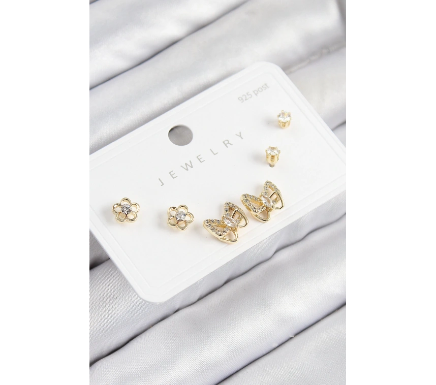 Pirinç Zirkon Taşlı Kelebek Model Gold Renk 925 Ayar Gümüş Çivi Kadın Küpe Set