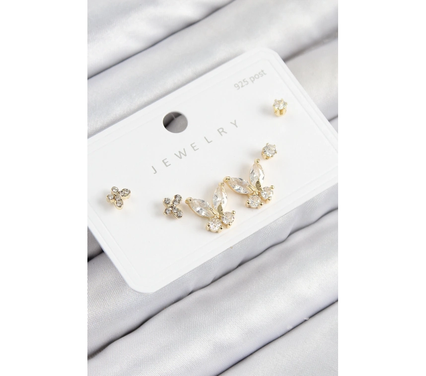 Pirinç Zirkon Taşlı Kelebek Model Gold Renk 925 Ayar Gümüş Çivi Kadın Küpe Set