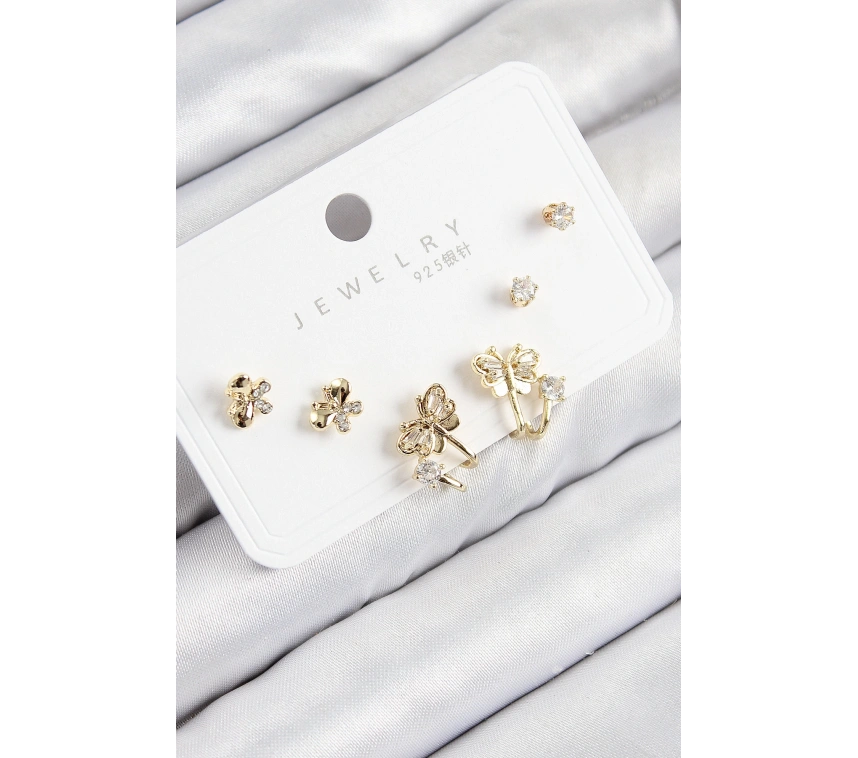 Pirinç Zirkon Taşlı Kelebek Model Gold Renk 925 Ayar Gümüş Çivi Kadın Küpe Set