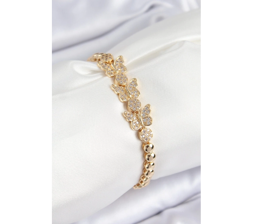 Pirinç Zirkon Taşlı Kelebek Model Gold Renk Kadın Bileklik