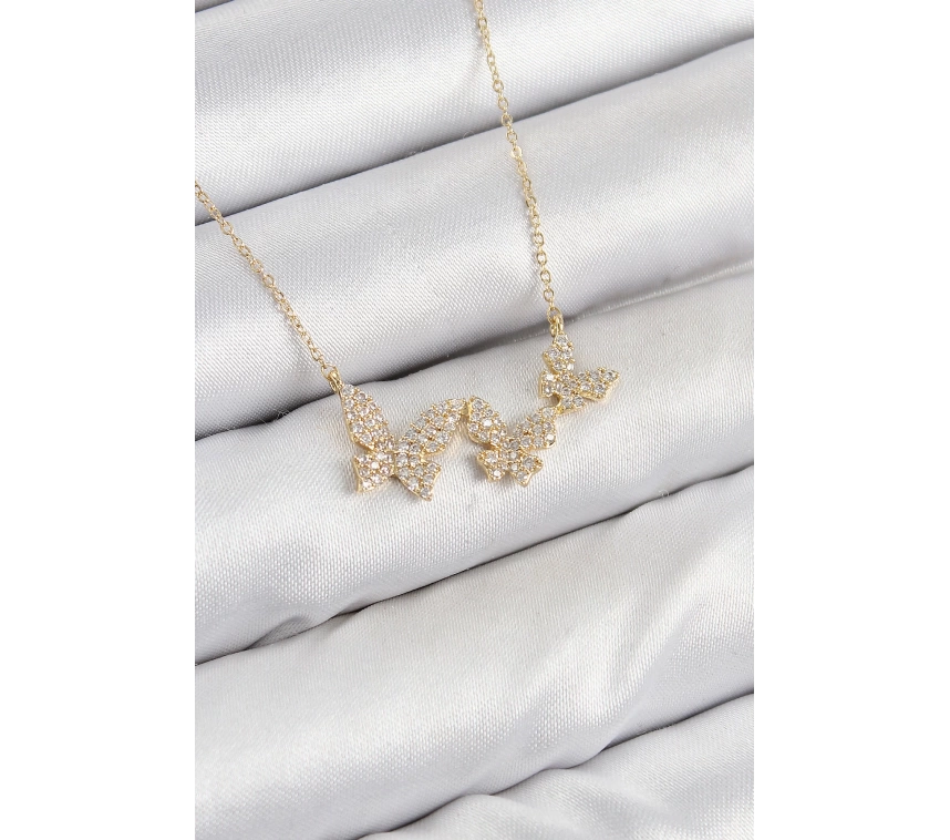Pirinç Zirkon Taşlı Kelebek Model Gold Renk Kadın Kolye
