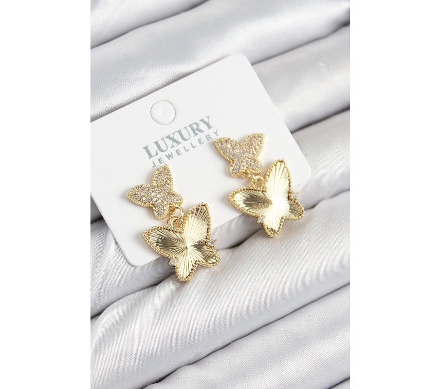 Pirinç Zirkon Taşlı Kelebek Model Gold Renk Kadın Küpe
