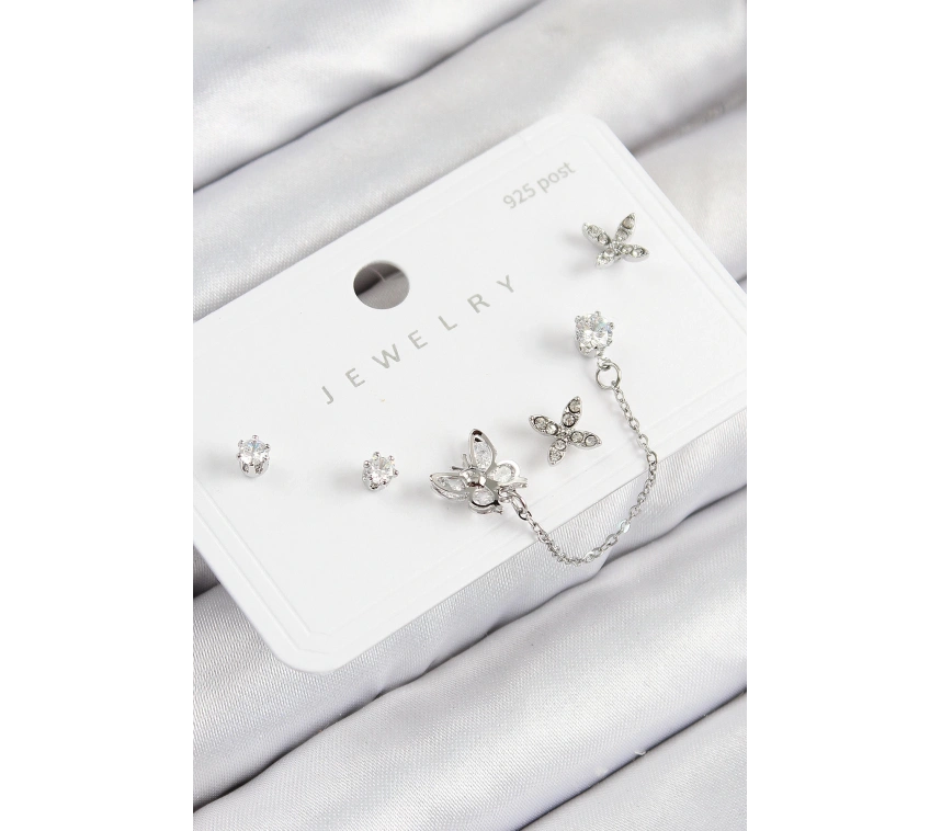 Pirinç Zirkon Taşlı Kelebek Model Gümüş Renk 925 Ayar Gümüş Çivi Kadın Küpe Set