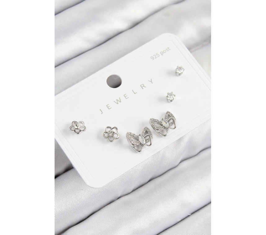 Pirinç Zirkon Taşlı Kelebek Model Gümüş Renk 925 Ayar Gümüş Çivi Kadın Küpe Set