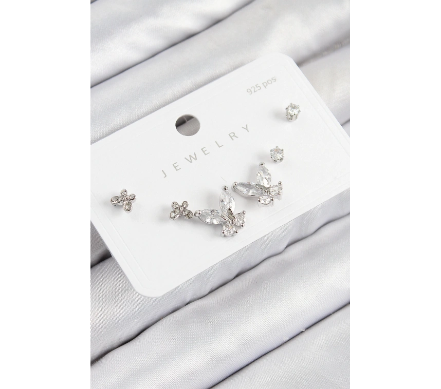 Pirinç Zirkon Taşlı Kelebek Model Gümüş Renk 925 Ayar Gümüş Çivi Kadın Küpe Set