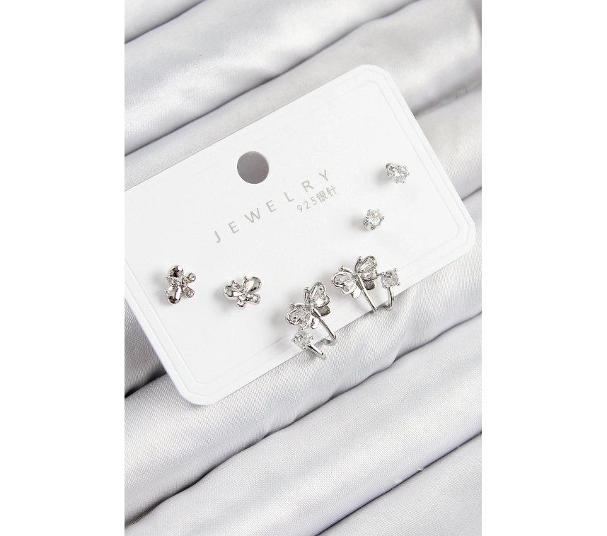 Pirinç Zirkon Taşlı Kelebek Model Gümüş Renk 925 Ayar Gümüş Çivi Kadın Küpe Set