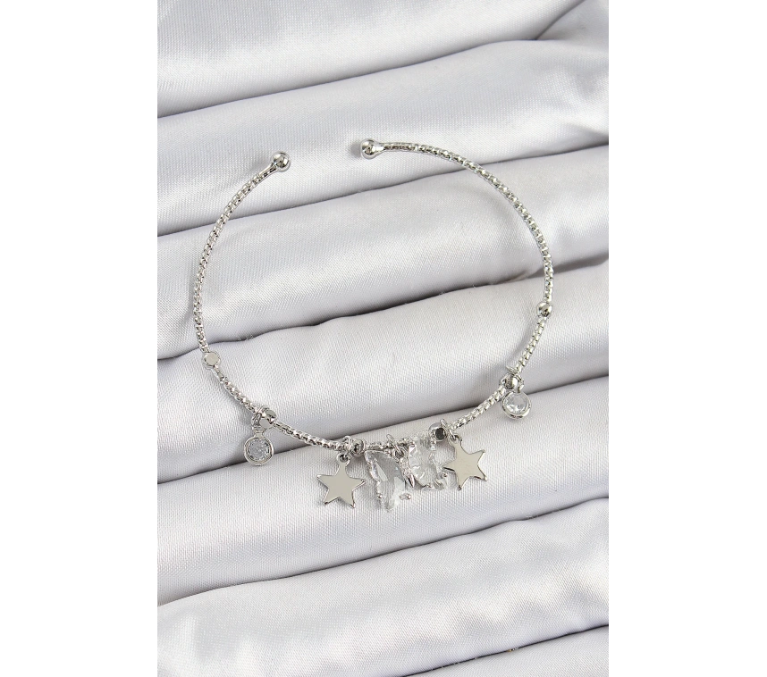 Pirinç Zirkon Taşlı Kelebek Ve Yıldız Model Gümüş Renk Charm Bileklik