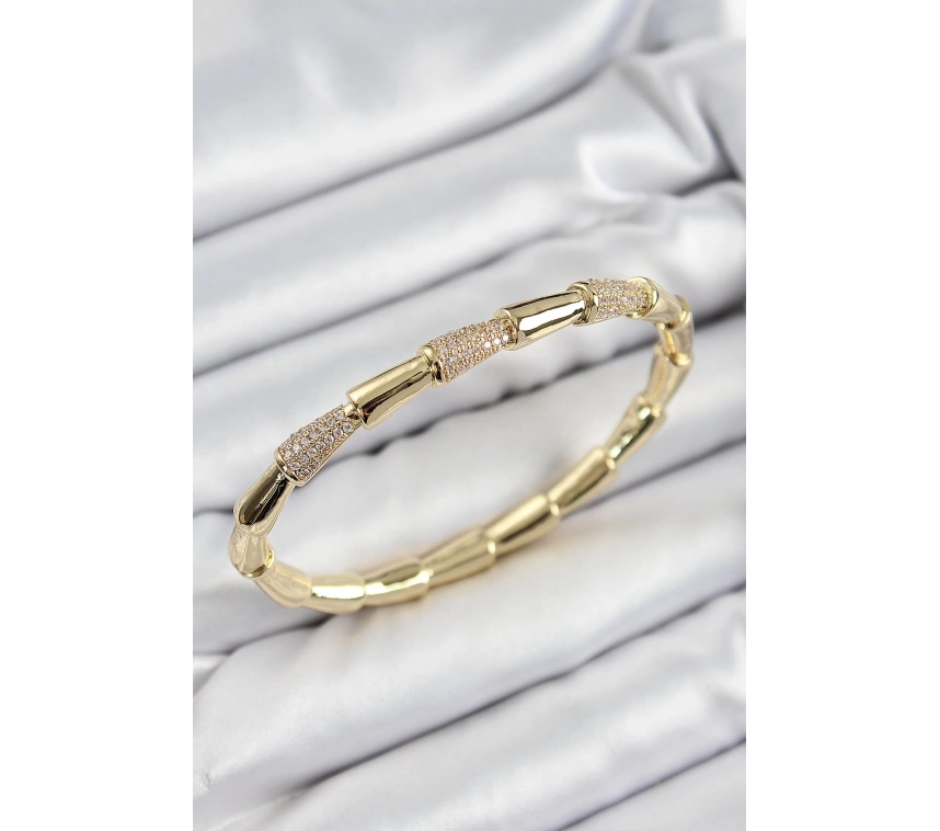 Pirinç Zirkon Taşlı Kemik Model Gold Renk Vip Kadın Bileklik