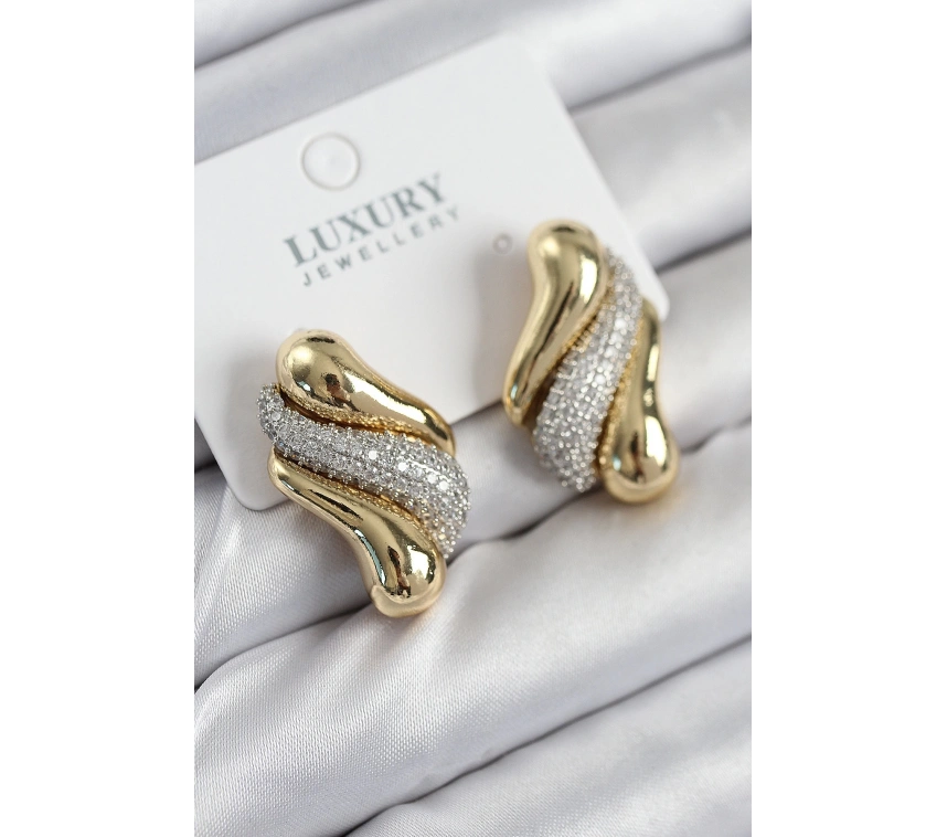 Pirinç Zirkon Taşlı Kıvrım Model Gold Renk Kadın Küpe