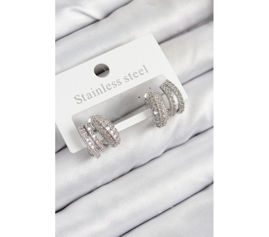 Pirinç Zirkon Taşlı Kıvrımlı Model Gümüş Renk Kadın Küpe