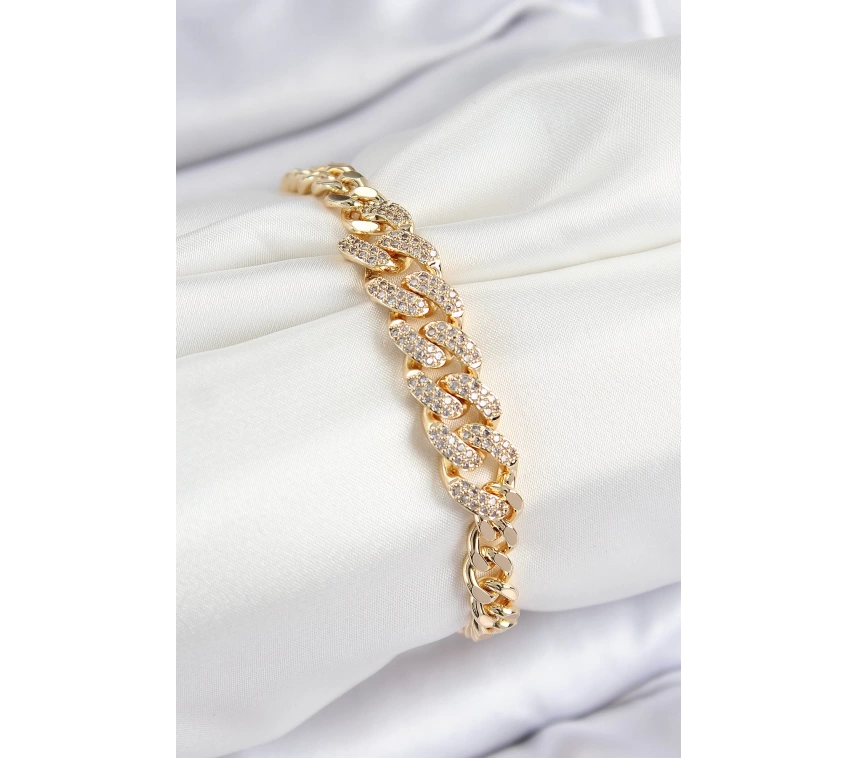 Pirinç Zirkon Taşlı Küba Zincir Model Gold Renk Kadın Bileklik