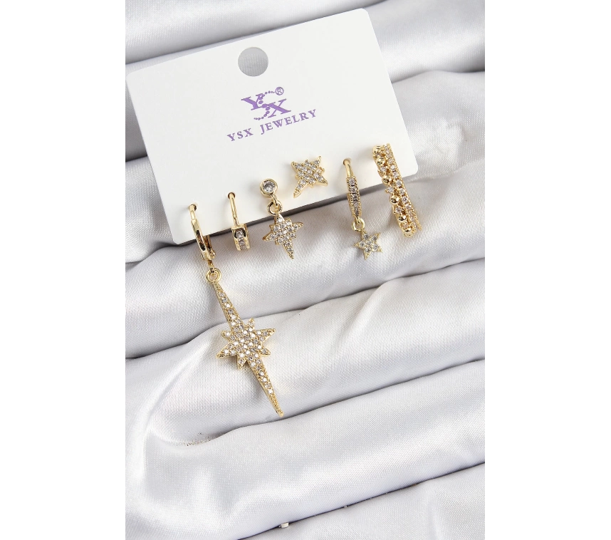 Pirinç Zİrkon Taşlı Kutup Yıldızı Model Gold Renk 3lü Çift Kadın Küpe