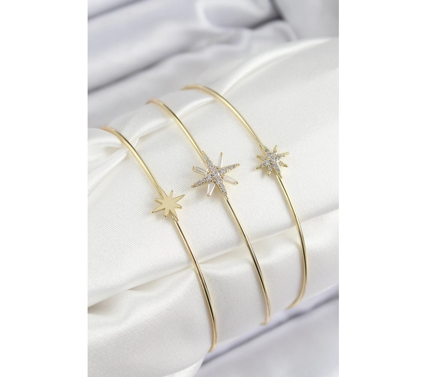 Pirinç Zirkon Taşlı Kutup Yıldızı Model Gold Renk Vip 3lü Kadın Bileklik