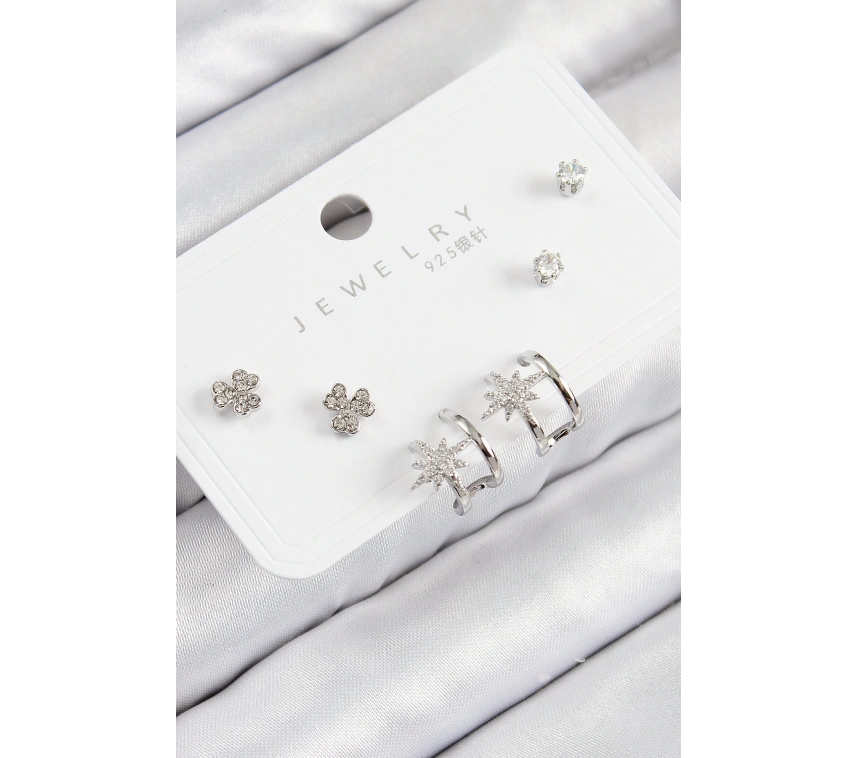 Pirinç Zirkon Taşlı Kutup Yıldızı Model Gümüş Renk 925 Ayar Gümüş Çivi Kadın Küpe Set