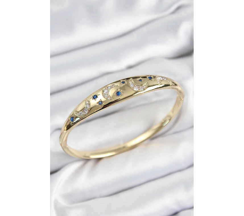 Pirinç Zirkon Taşlı Kutup Yıldızı Ve Hilal Model Gold Renk Kadın Kelepçe