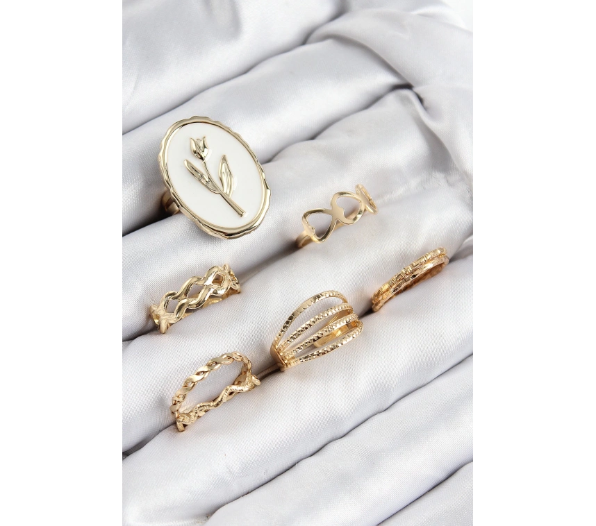 Pirinç Zirkon Taşlı Lale Model Gold Renk Kadın Yüzük Kombin Set