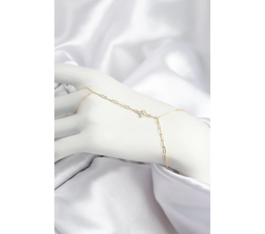 Pirinç Zirkon Taşlı Mavi Boncuklu Yonca Model Gold Renk Şahmeran