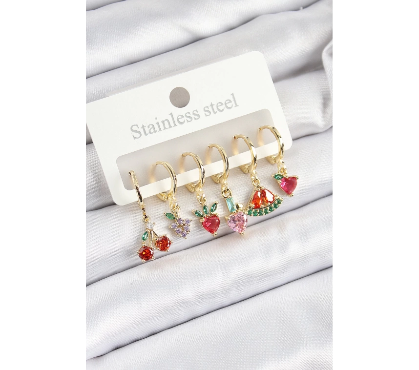 Pirinç Zirkon Taşlı Meyve Temalı Karışık Model Gold Renk 6lı Set Kadın Küpe