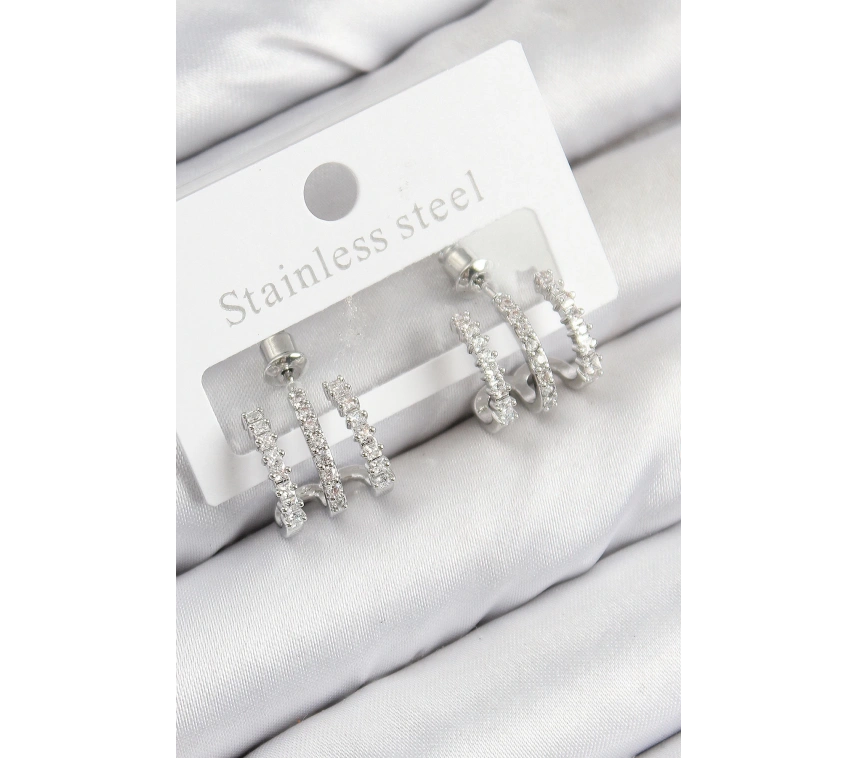 Pirinç Zirkon Taşlı Model Gümüş Renk Kadın Küpe