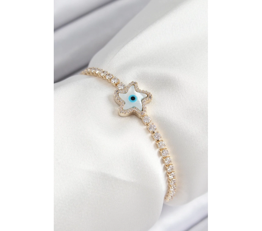 Pirinç Zirkon Taşlı Nazar Yıldız Model Gold Renk Asansörlü Kadın Bileklik