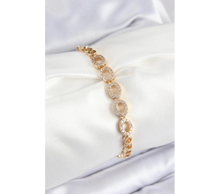 Pirinç Zirkon Taşlı Oval Model Gold Renk Kadın Bileklik