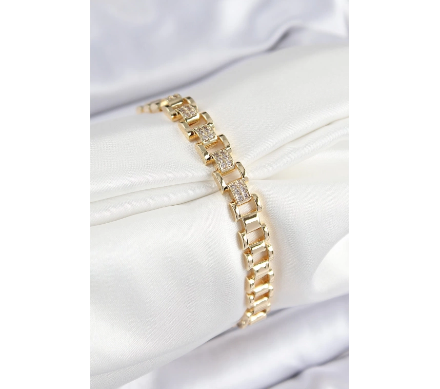 Pirinç Zirkon Taşlı Parçalı Model Gold Renk Kadın Bileklik