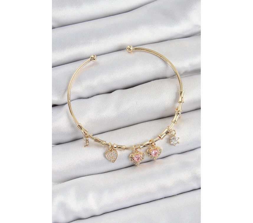 Pirinç Zirkon Taşlı Pembe Kalp Model Gold Renk Charm Bileklik