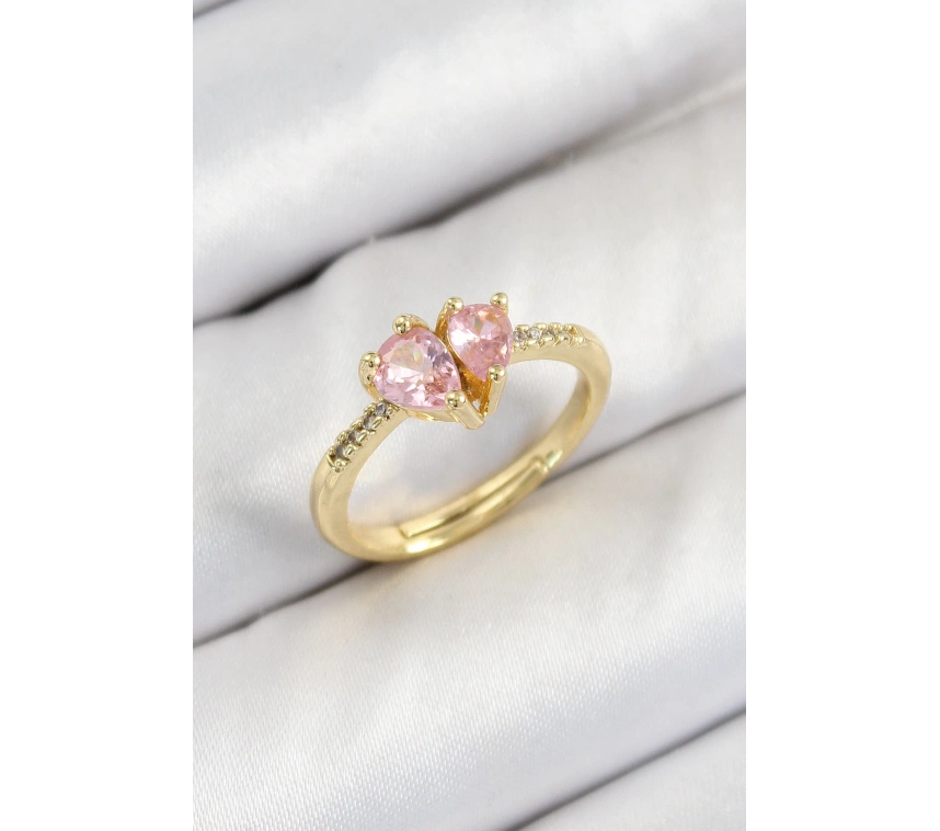 Pirinç Zirkon Taşlı Pembe Kalp Model Gold Renk Kadın Yüzük