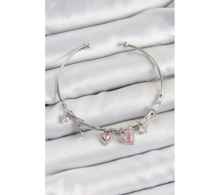 Pirinç Zirkon Taşlı Pembe Kalp Model Gümüş Renk Charm Bileklik