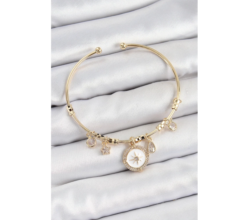 Pirinç Zirkon Taşlı Pusula Model Gold Renk Charm Bileklik